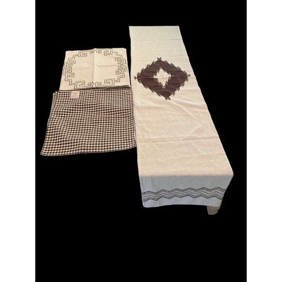 Embroidered Linen Cotton Table Runner 6 Napkins Ponderosa Brown Gingham 2 Sided - Picture 8 of 12